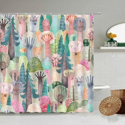 Cartoon Hand-Painted Animal Shower Curtain Cat Bird Rabbit Plant Flower Child Bathroom Decor With Hook Hanging Screen Washable