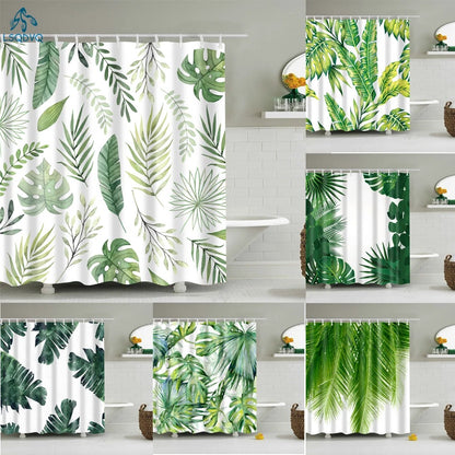 Tropical Green Plant Leaf Palm Cactus Shower Curtains Bathroom Curtain Frabic Waterproof Polyester Bathroom Curtain with Hooks