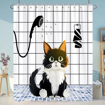 Funny Diving Cat Shower Curtain Cartoon Animals Oil Painting Style Polyester Washable Shower Curtains Bathroom Decor with Hooks