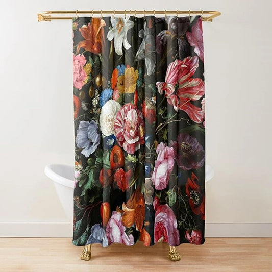 Floral Shower Curtain Dark Rose Black Red Green Leaves Colorful Flower Butterfly Gothic Bathroom Curtains Vintage Bathroom Decor