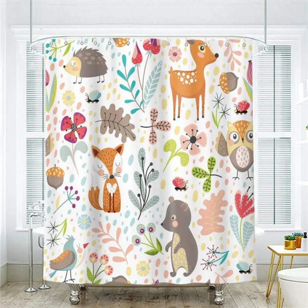 Cartoon Hand-Painted Animal Shower Curtain Cat Bird Rabbit Plant Flower Child Bathroom Decor With Hook Hanging Screen Washable