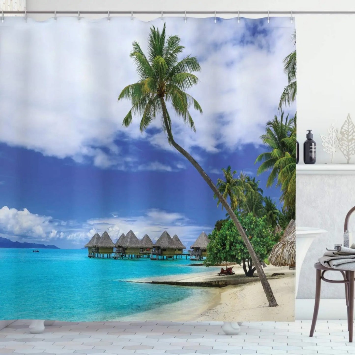 Summer Tropical Beach Scenery Shower Curtain with Hooks Seaside Island Palm Trees Blue Sea Bath Curtain Bathroom Bathtub Decor