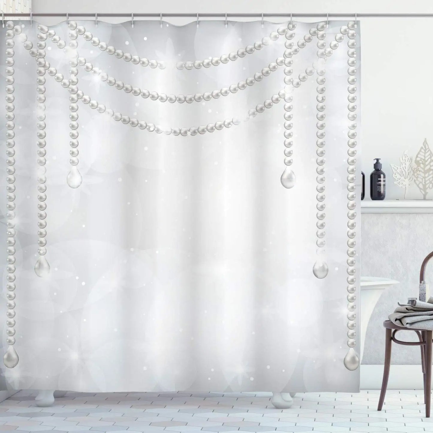 Pearls Shower Curtain,Diamonds Stones and Pearls Hanging Necklace Bridal Wedding Theme Waterproof Fabric Bathroom Curtains,Hooks