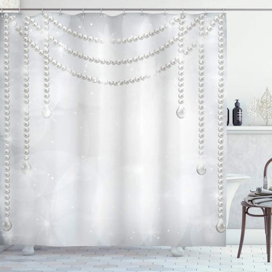 Pearls Shower Curtain,Diamonds Stones and Pearls Hanging Necklace Bridal Wedding Theme Waterproof Fabric Bathroom Curtains,Hooks