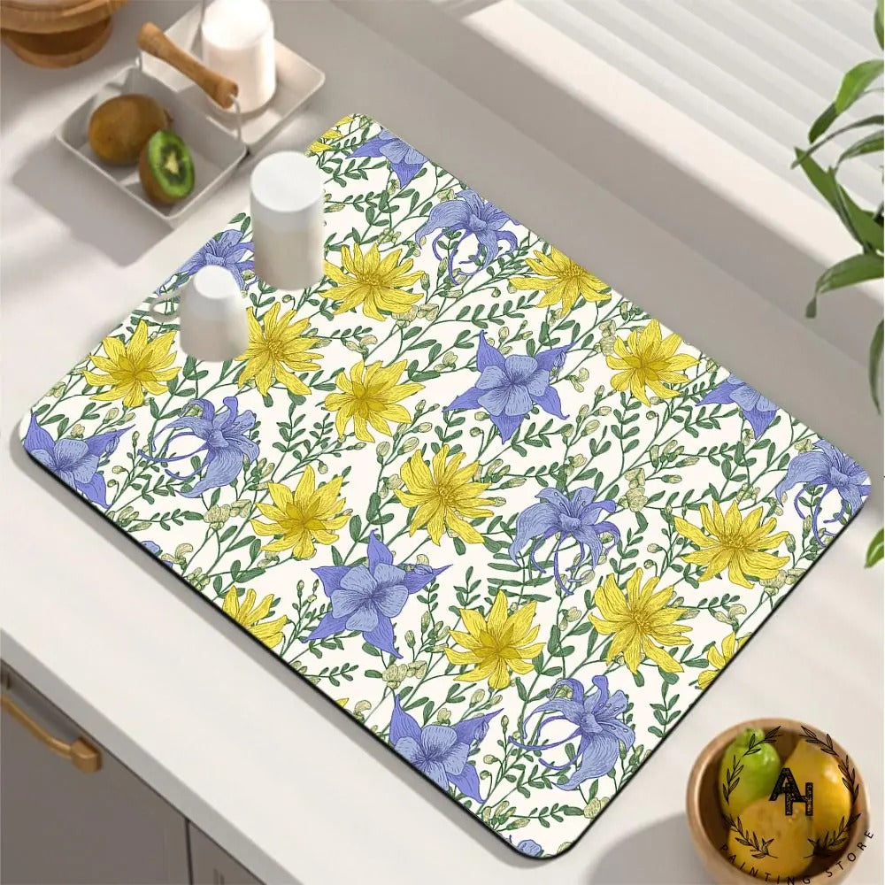 Dish Drying Mat, Printed Rubber Placemat Draining Pad, Non-Slip Super Absorbent Coffee Machine Mat, Dining Table Decorations