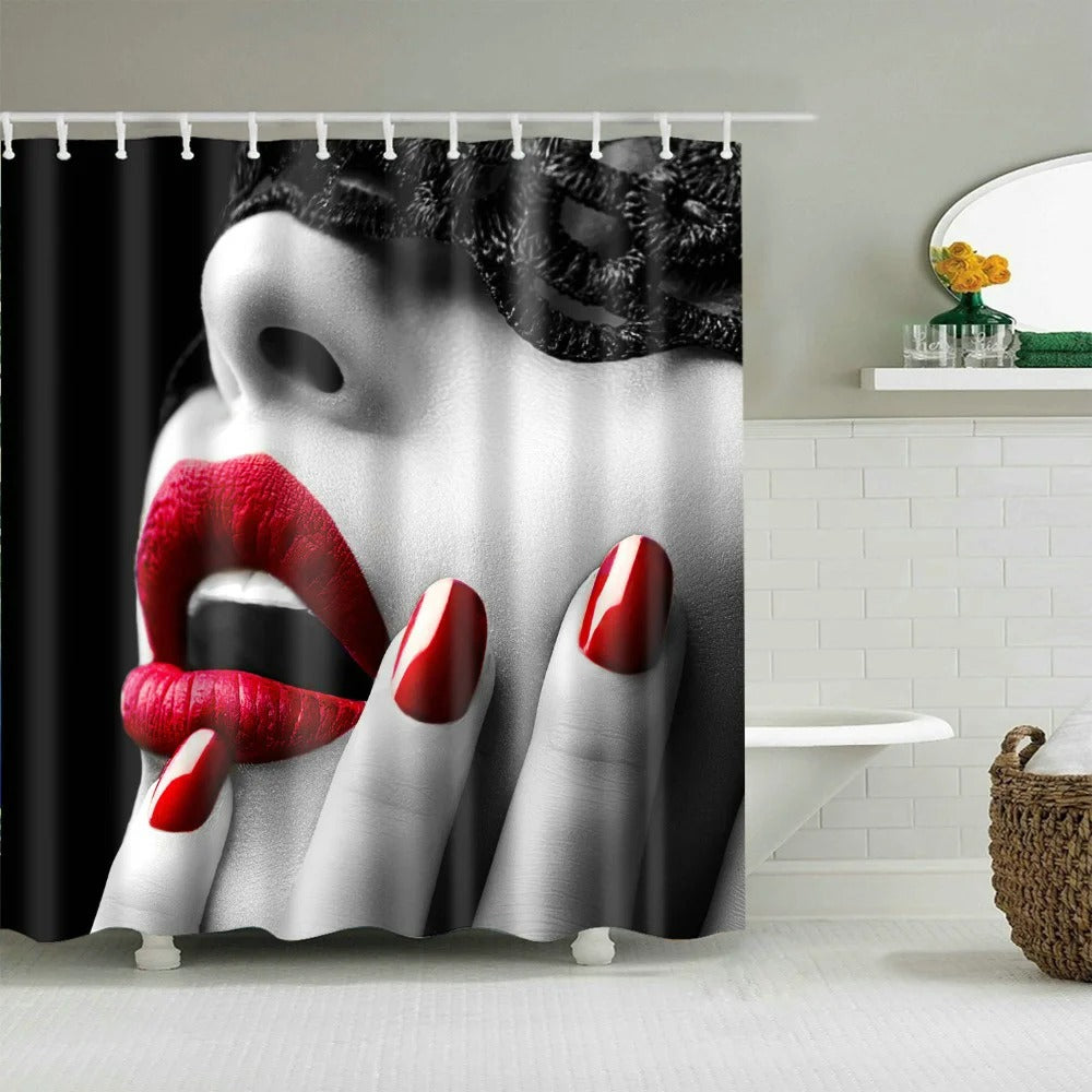 Sexy Red Lips Shower Curtain Mysterious Woman Perfume Bottle Lipstick High Heel Girl Bath Decor Waterproof Fabric Hooks Curtains