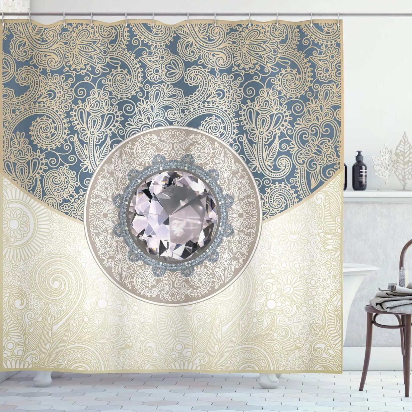 Pearls Shower Curtain,Diamonds Stones and Pearls Hanging Necklace Bridal Wedding Theme Waterproof Fabric Bathroom Curtains,Hooks