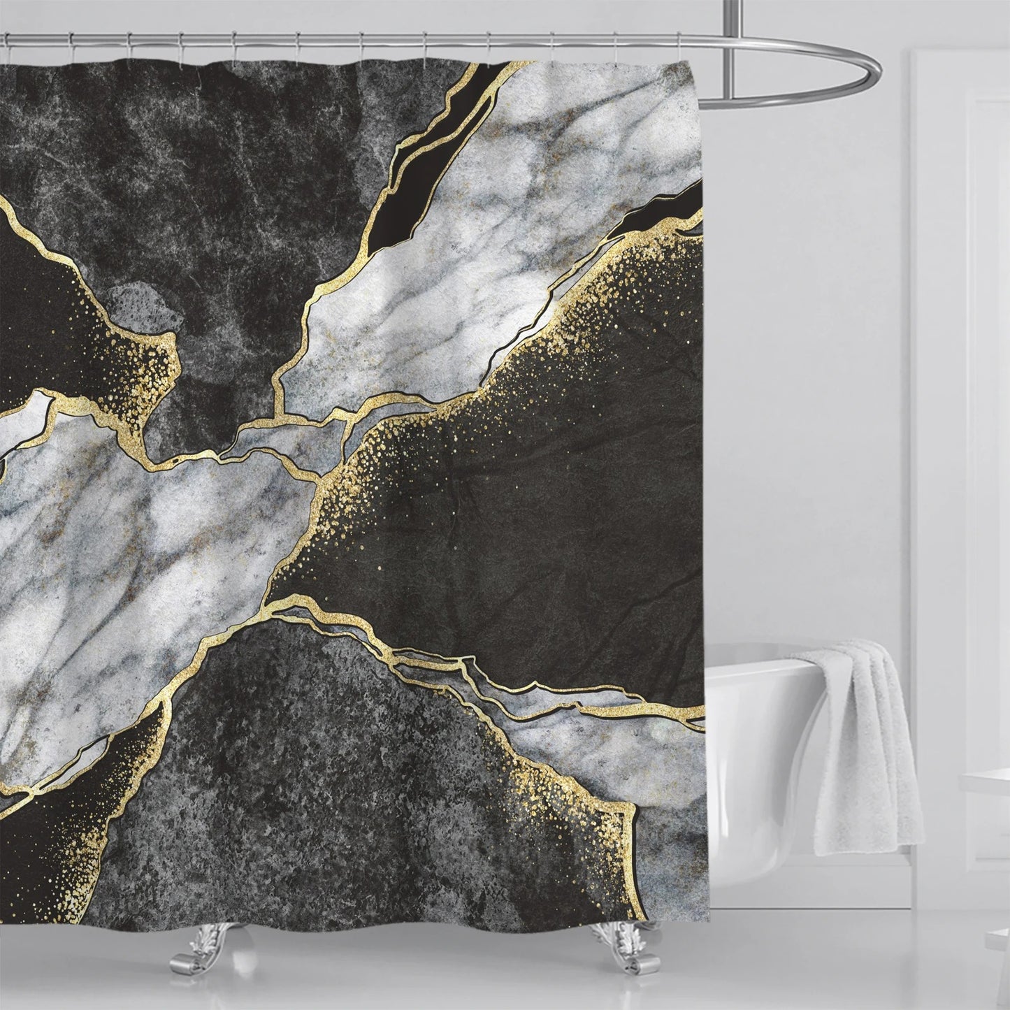 Abstract Marble Shower Curtain Blue Green Purple Jade Texture Gold Stripes Ombre Watercolor Paint,  with Hooks