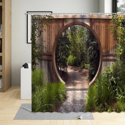 Chinese Style Shower Curtain Vintage Wood Board Garden Building Green Plant Bamboo Pattern Bathroom Decor Curtain Set