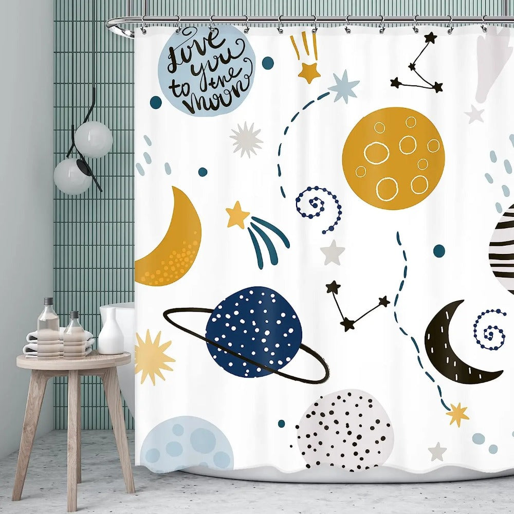 Cartoon Planet Shower Curtain Cute Cosmic Shower Curtain Galactic Space Kids Cloth Shower Curtains Bathroom Decor Set With Hooks