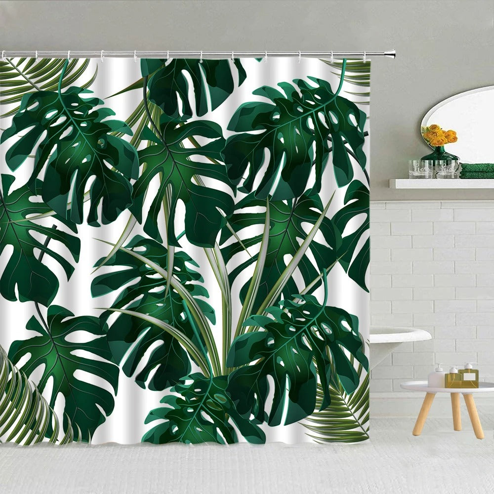 Green Tropical Plant Monstera Palm Leaf Shower Curtain Spring Plant Theme Fashion Waterproof Fabric Home Bathroom Decor Curtains