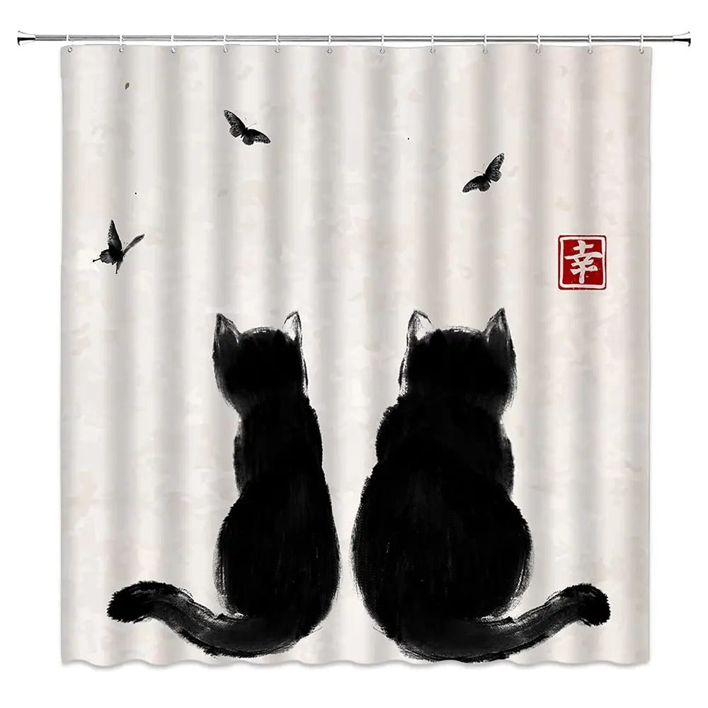 Asian Style Traditional Japanese Ink Painting Shower Curtain,Black Cat Watching Dragonflies on Vintage Fabric Bathroom Curtains