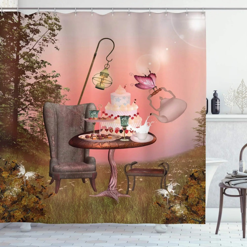 Alice In Wonderland Party Decorations Backdrop Shower Curtain,Fantasy Landscape Mushroom Art,Cloth Fabric for Bathroom Set,Hooks