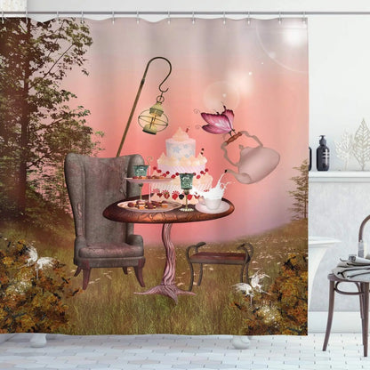 Alice In Wonderland Party Decorations Backdrop Shower Curtain,Fantasy Landscape Mushroom Art,Cloth Fabric for Bathroom Set,Hooks