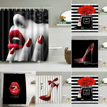 Sexy Red Lips Shower Curtain Mysterious Woman Perfume Bottle Lipstick High Heel Girl Bath Decor Waterproof Fabric Hooks Curtains