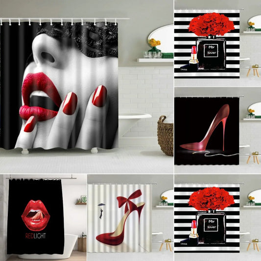 Sexy Red Lips Shower Curtain Mysterious Woman Perfume Bottle Lipstick High Heel Girl Bath Decor Waterproof Fabric Hooks Curtains
