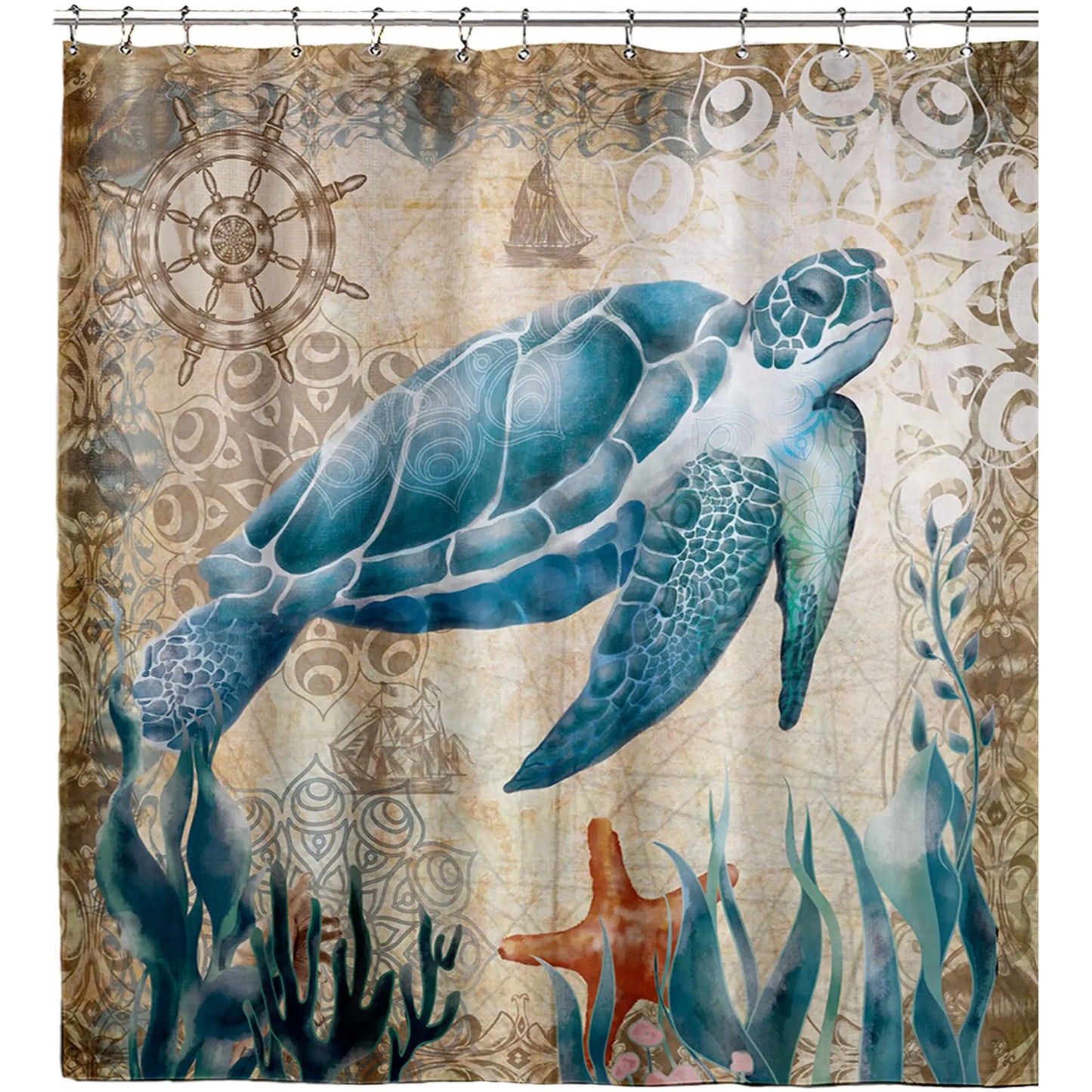 Nautical Green Sea Turtles Beach Theme Fabric Shower Curtain Sets Bathroom Blue Ocean Home Decor with Grommets and Hooks