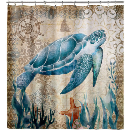 Nautical Green Sea Turtles Beach Theme Fabric Shower Curtain Sets Bathroom Blue Ocean Home Decor with Grommets and Hooks