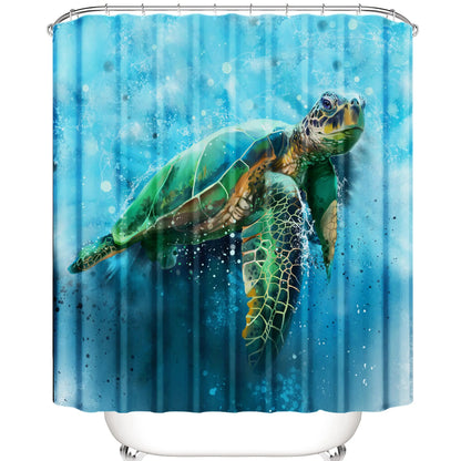 Nautical Green Sea Turtles Beach Theme Fabric Shower Curtain Sets Bathroom Blue Ocean Home Decor with Grommets and Hooks
