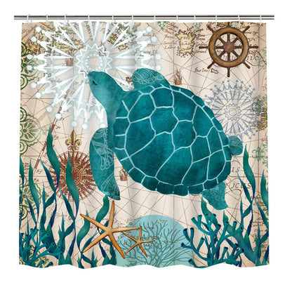 Nautical Green Sea Turtles Beach Theme Fabric Shower Curtain Sets Bathroom Blue Ocean Home Decor with Grommets and Hooks
