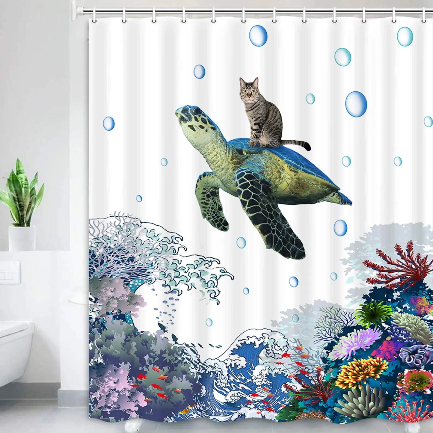 Nautical Green Sea Turtles Beach Theme Fabric Shower Curtain Sets Bathroom Blue Ocean Home Decor with Grommets and Hooks