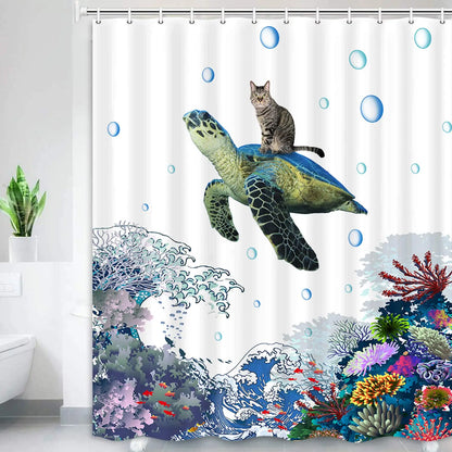 Nautical Green Sea Turtles Beach Theme Fabric Shower Curtain Sets Bathroom Blue Ocean Home Decor with Grommets and Hooks