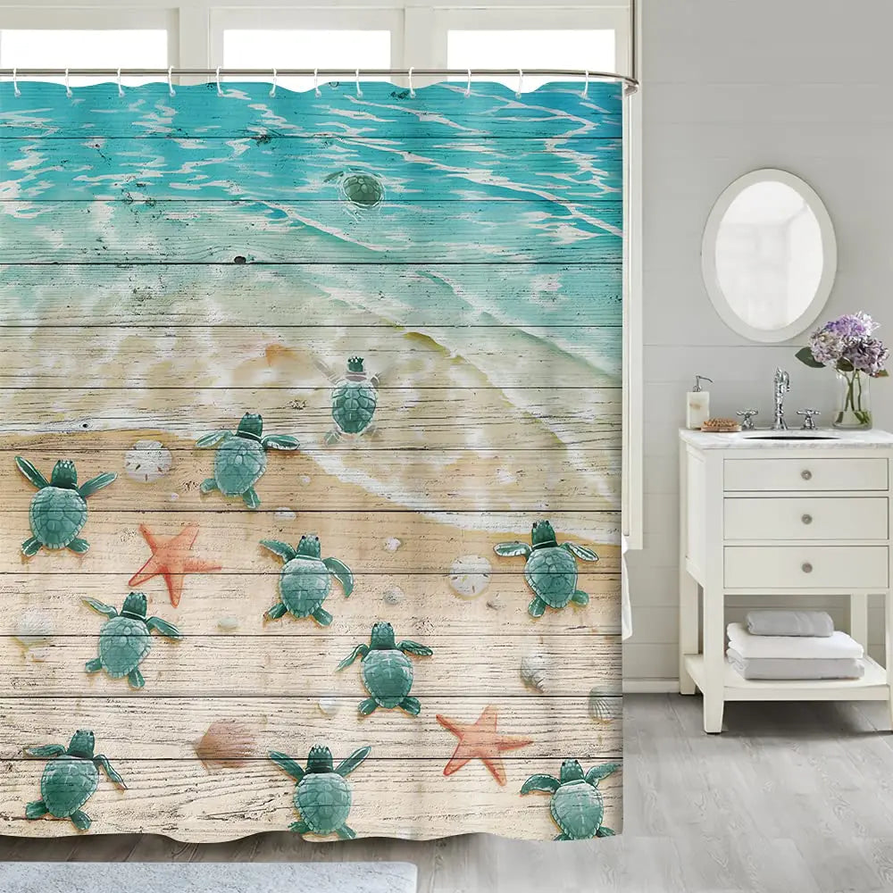 Nautical Green Sea Turtles Beach Theme Fabric Shower Curtain Sets Bathroom Blue Ocean Home Decor with Grommets and Hooks