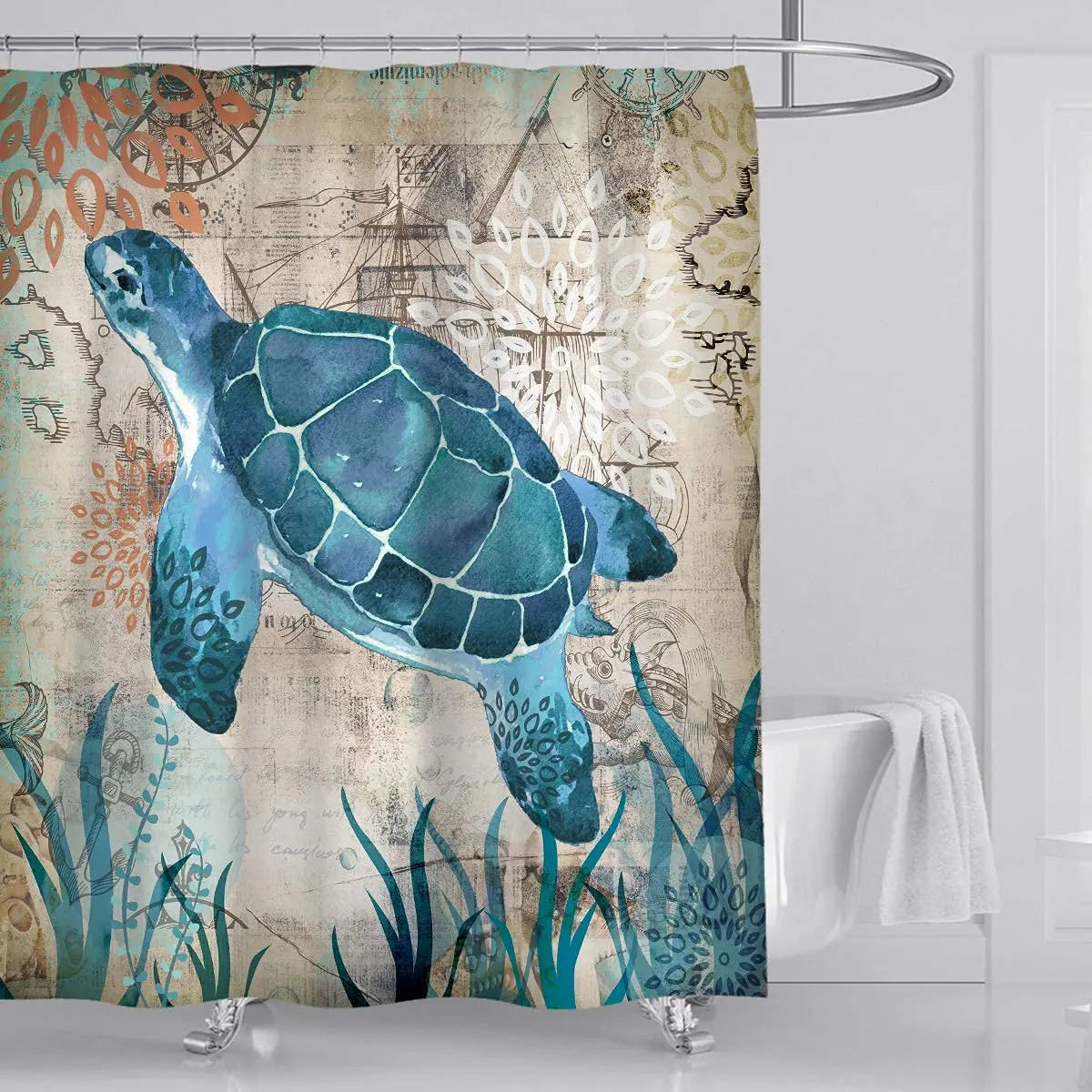 Nautical Green Sea Turtles Beach Theme Fabric Shower Curtain Sets Bathroom Blue Ocean Home Decor with Grommets and Hooks