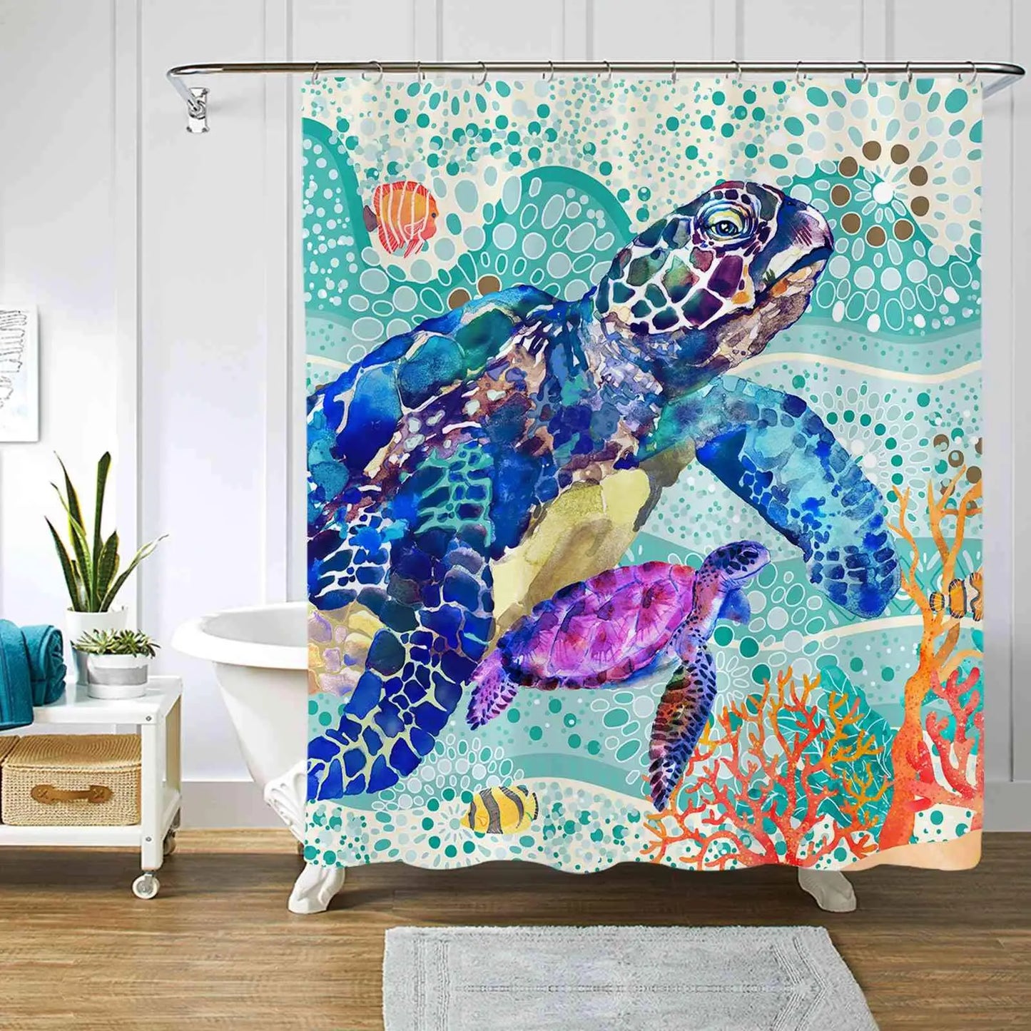 Nautical Green Sea Turtles Beach Theme Fabric Shower Curtain Sets Bathroom Blue Ocean Home Decor with Grommets and Hooks