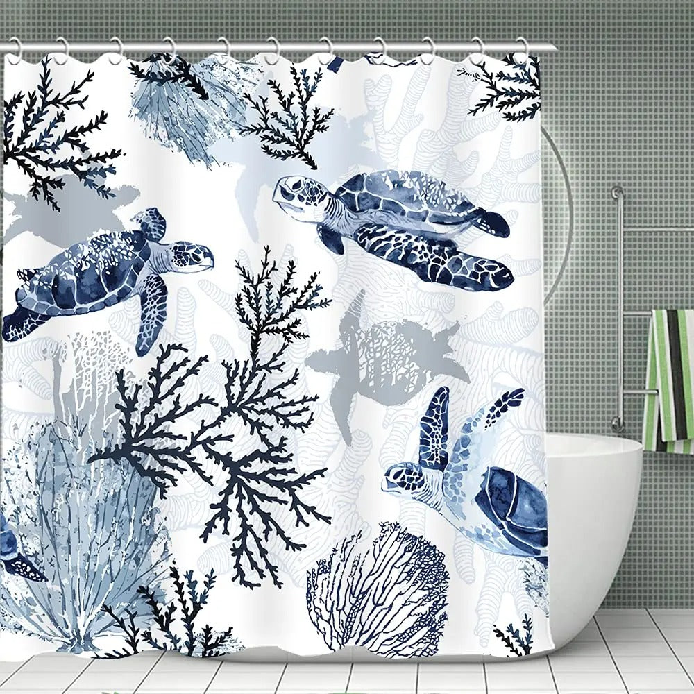 Nautical Green Sea Turtles Beach Theme Fabric Shower Curtain Sets Bathroom Blue Ocean Home Decor with Grommets and Hooks