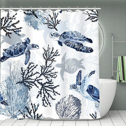 Nautical Green Sea Turtles Beach Theme Fabric Shower Curtain Sets Bathroom Blue Ocean Home Decor with Grommets and Hooks