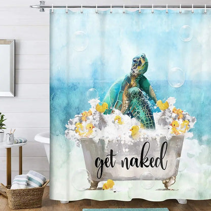 Nautical Green Sea Turtles Beach Theme Fabric Shower Curtain Sets Bathroom Blue Ocean Home Decor with Grommets and Hooks