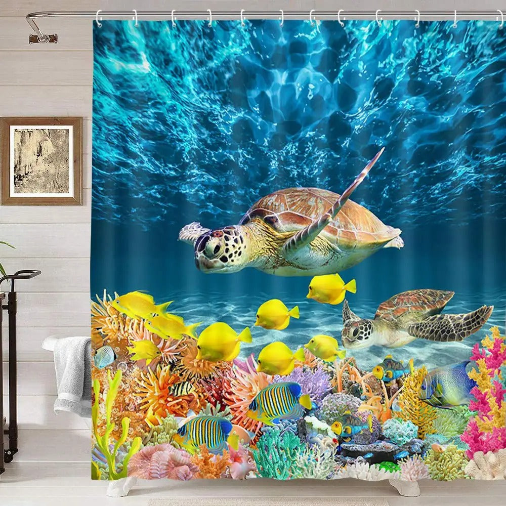 Nautical Green Sea Turtles Beach Theme Fabric Shower Curtain Sets Bathroom Blue Ocean Home Decor with Grommets and Hooks
