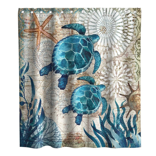 Nautical Green Sea Turtles Beach Theme Fabric Shower Curtain Sets Bathroom Blue Ocean Home Decor with Grommets and Hooks